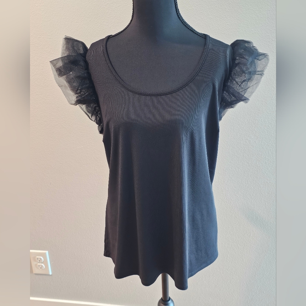 Cato Black Blouse with Sheer Ruffle Accents